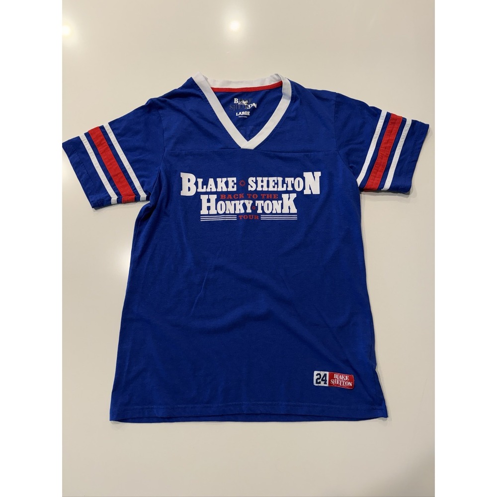 Blake Shelton Back to the Honky Tonk Tour T-Shirt Large Blue White Red V-Neck